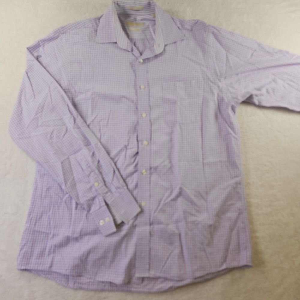 Michael Kors Mens Regular Fit Purple Micro Check Cotton Dress Shirt 16.5 36/37 L